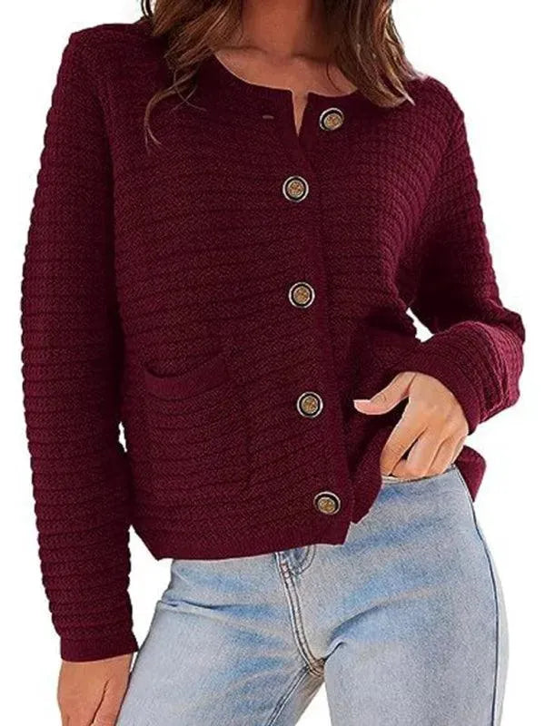 Women’s Crew Neck Knit Cardigan Sweater – Button Front