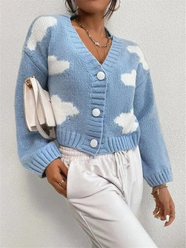 Women’s Cropped Graphic Cardigan Sweater – V-Neck Knit