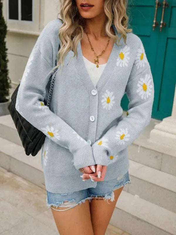 Women’s Daisy Knit Cardigan Sweater – V-Neck Button