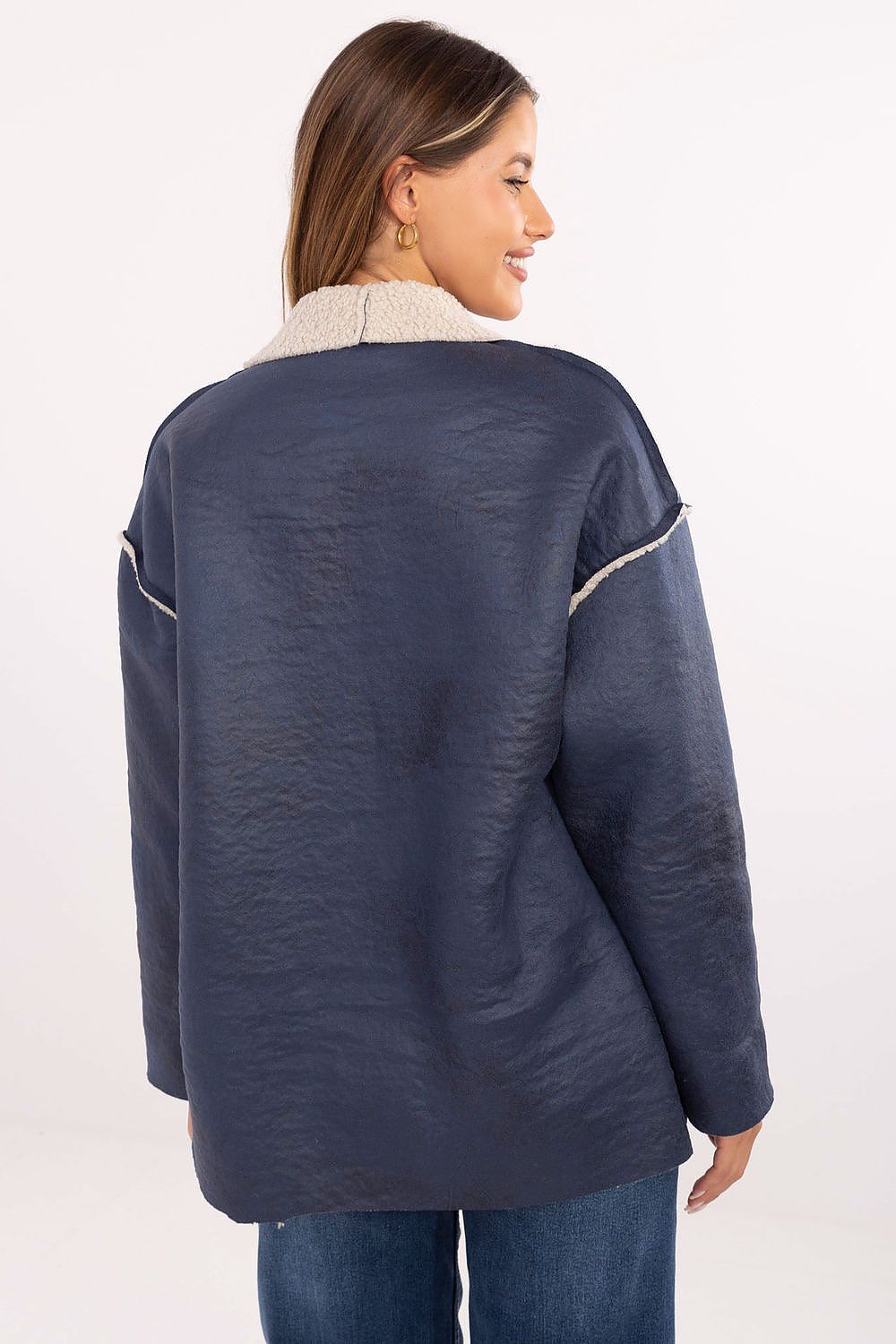 Women's Faux Fur Open Front Jacket — Navy Blue