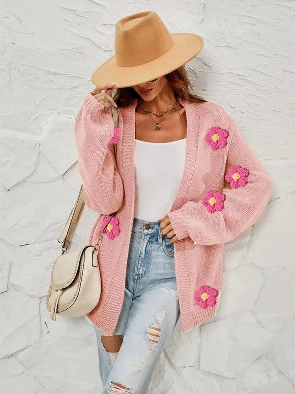 Women’s Floral Lantern Sleeve Cardigan Sweater – V-Neck Knit