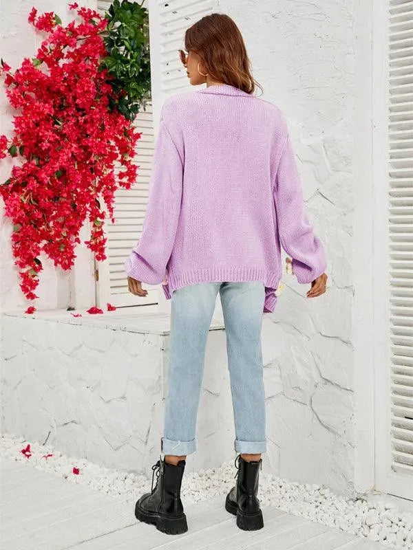 Women’s Floral Lantern Sleeve Cardigan Sweater – V-Neck Knit