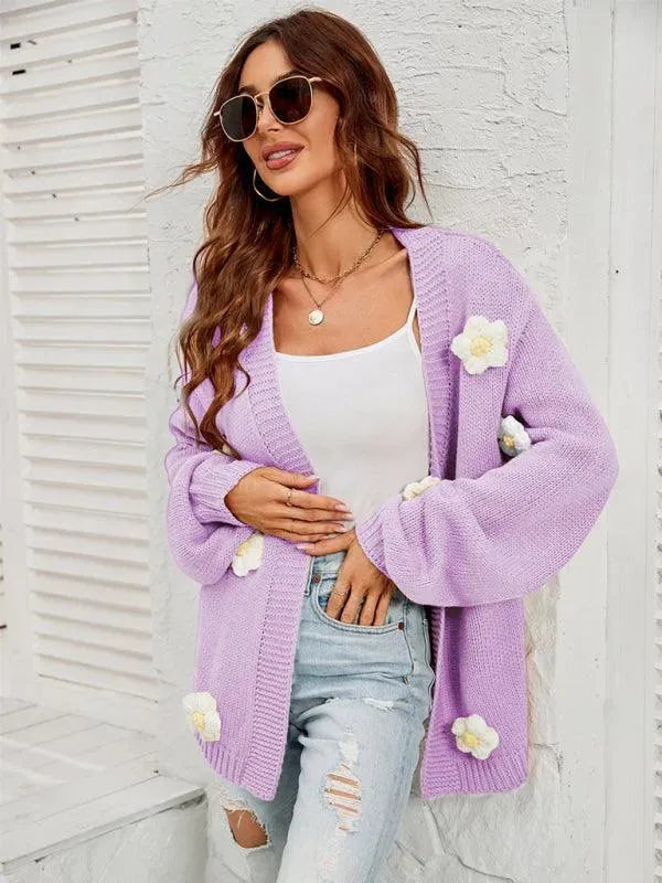 Women’s Floral Lantern Sleeve Cardigan Sweater – V-Neck Knit