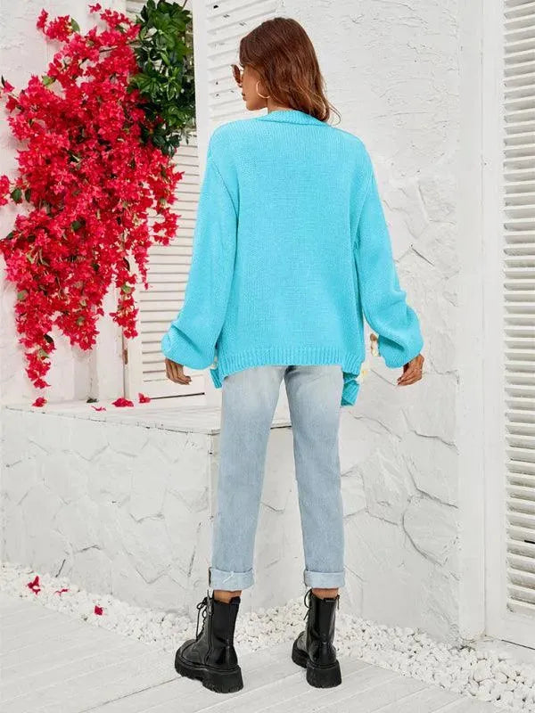 Women’s Floral Lantern Sleeve Cardigan Sweater – V-Neck Knit