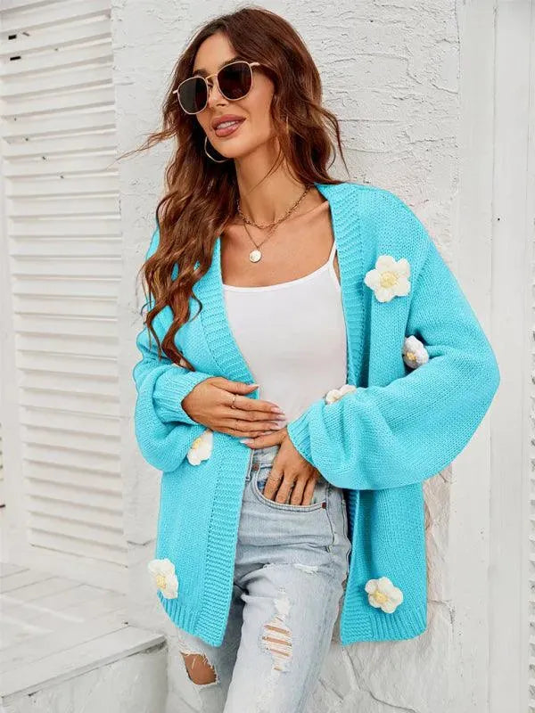 Women’s Floral Lantern Sleeve Cardigan Sweater – V-Neck Knit