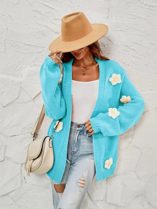 Women’s Floral Lantern Sleeve Cardigan Sweater – V-Neck Knit