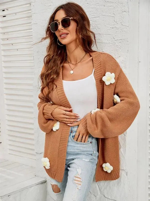 Women’s Floral Lantern Sleeve Cardigan Sweater – V-Neck Knit
