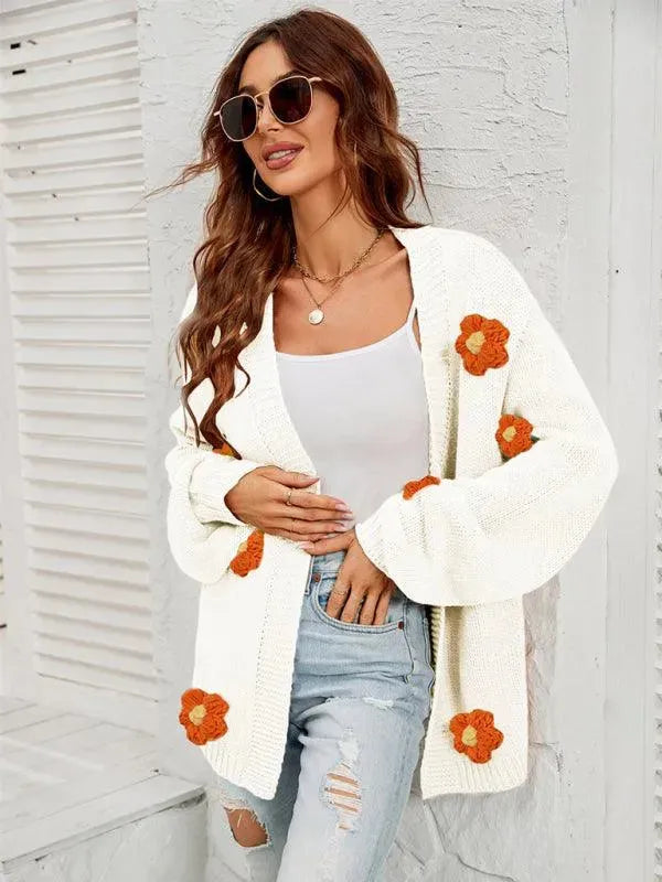Women’s Floral Lantern Sleeve Cardigan Sweater – V-Neck Knit