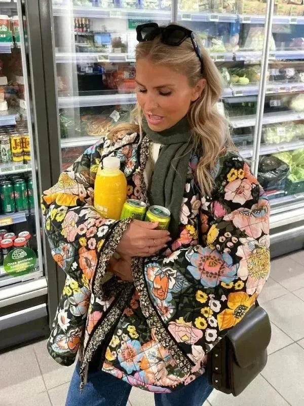 Women's Floral Quilted Coat Loose Fit Button Style