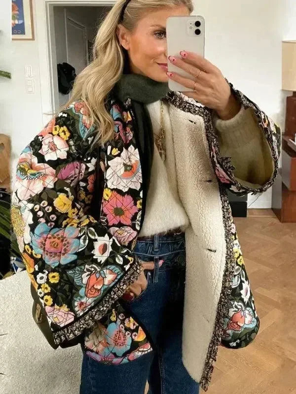 Women's Floral Quilted Coat Loose Fit Button Style