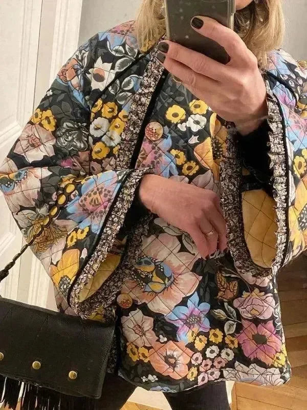 Women's Floral Quilted Coat Loose Fit Button Style