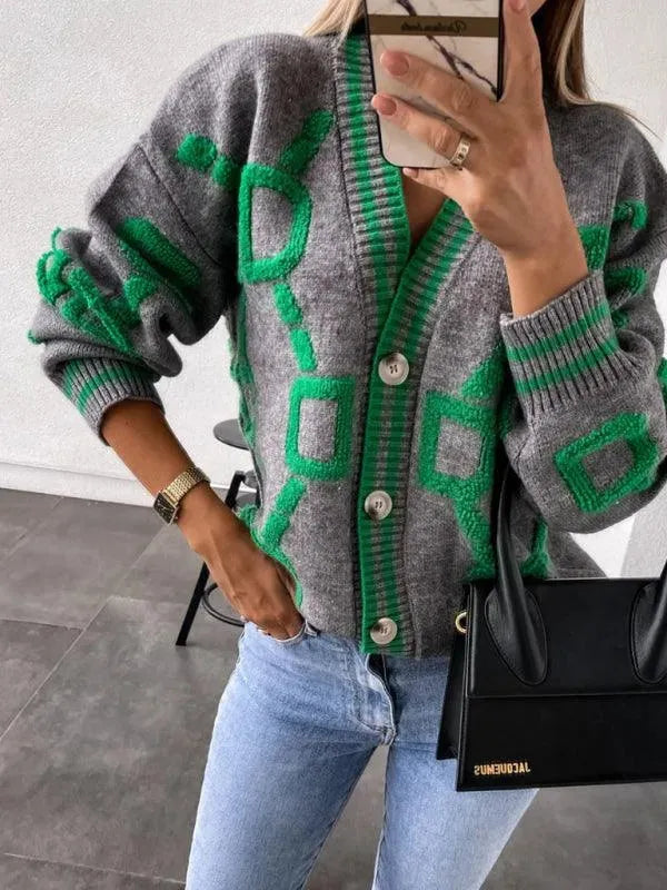 Women’s Geometric Drop-Sleeve Cardigan Sweater – V-Neck Knit