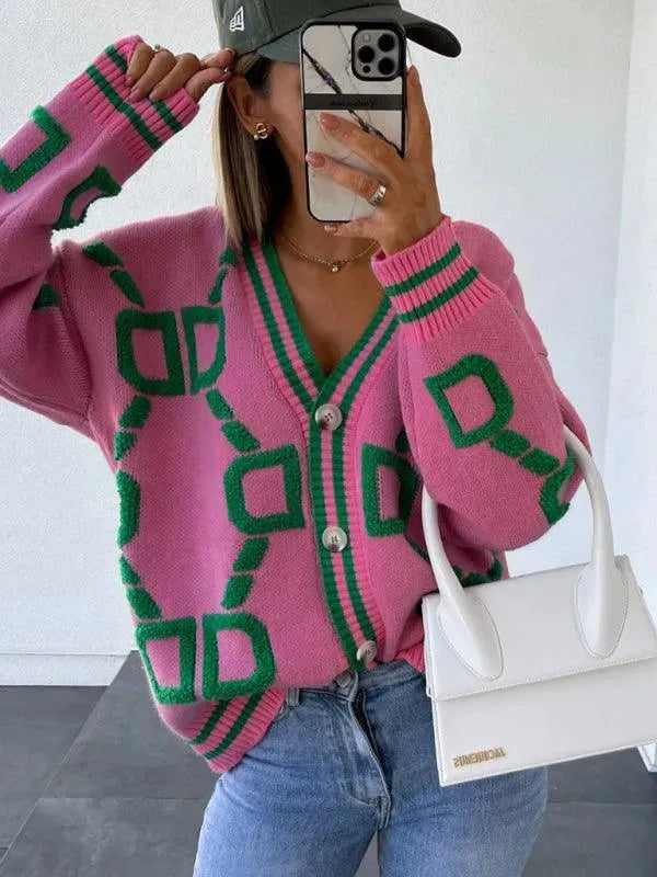 Women’s Geometric Drop-Sleeve Cardigan Sweater – V-Neck Knit