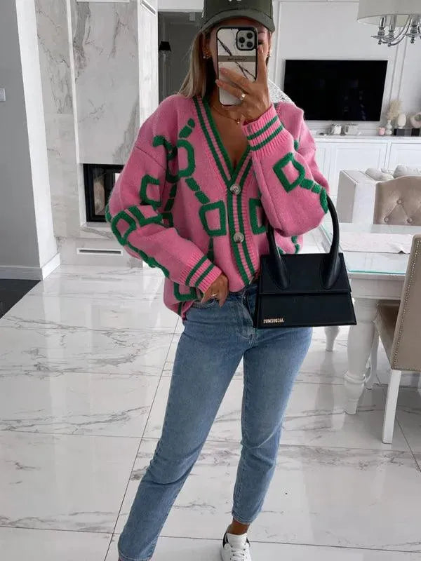 Women’s Geometric Drop-Sleeve Cardigan Sweater – V-Neck Knit