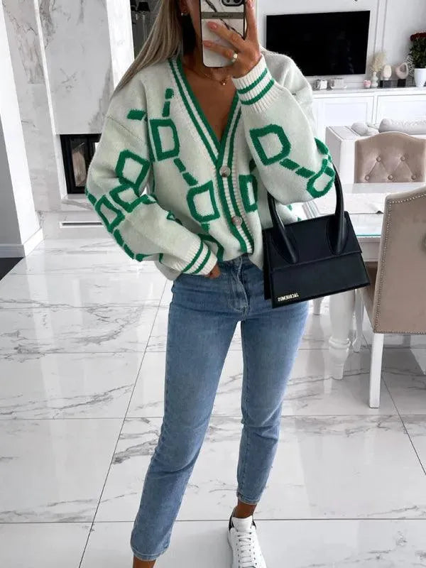 Women’s Geometric Drop-Sleeve Cardigan Sweater – V-Neck Knit