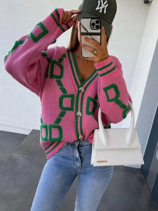 Women’s Geometric Drop-Sleeve Cardigan Sweater – V-Neck Knit