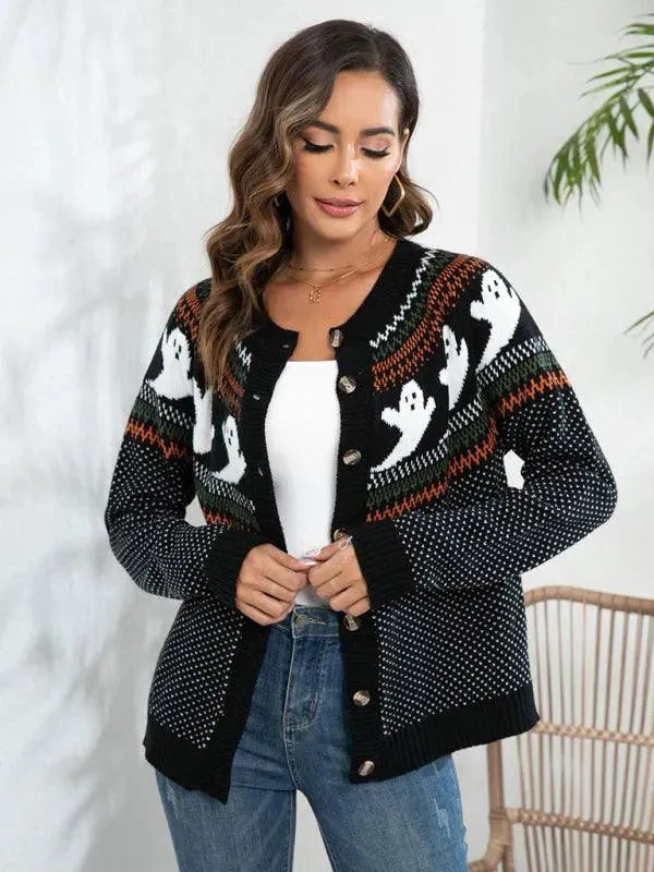 Women’s Halloween Polka Dot Cardigan Sweater – Crew Neck Knit