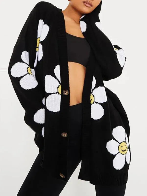 Women’s Heart Jacquard V-Neck Cardigan Sweater – Relaxed Fit