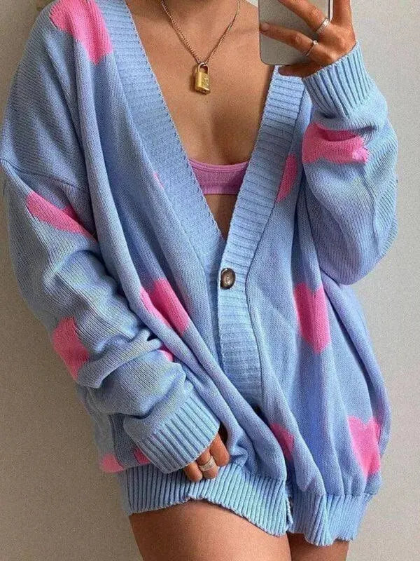 Women’s Heart Jacquard V-Neck Cardigan Sweater – Relaxed Fit