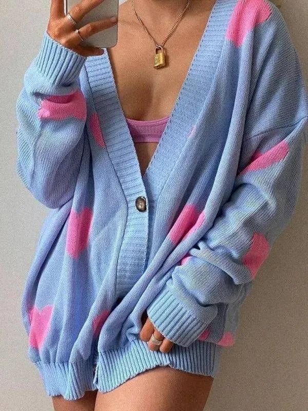 Women’s Heart Jacquard V-Neck Cardigan Sweater – Relaxed Fit