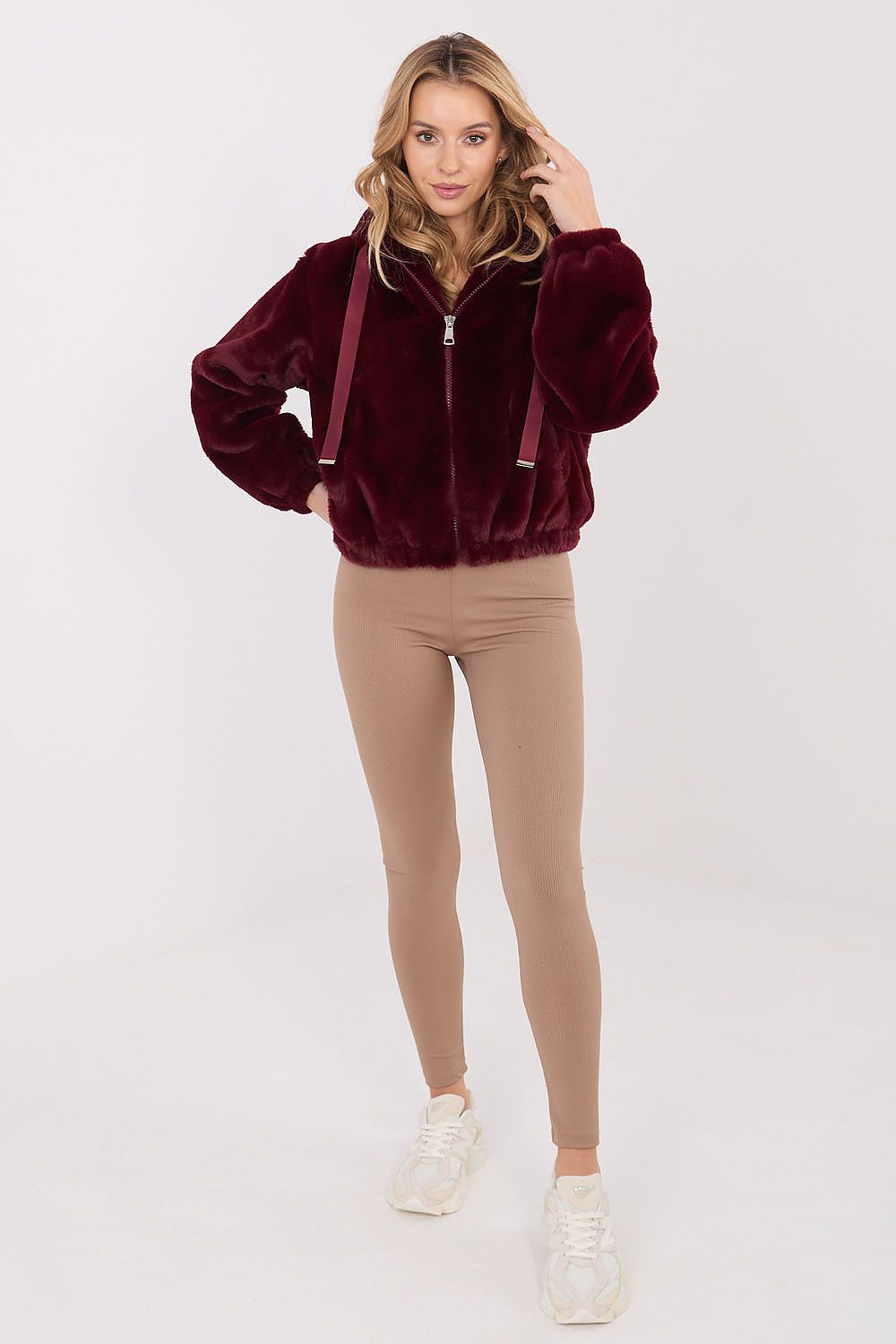 Women's Hooded Faux Fur Bomber Jacket — Red
