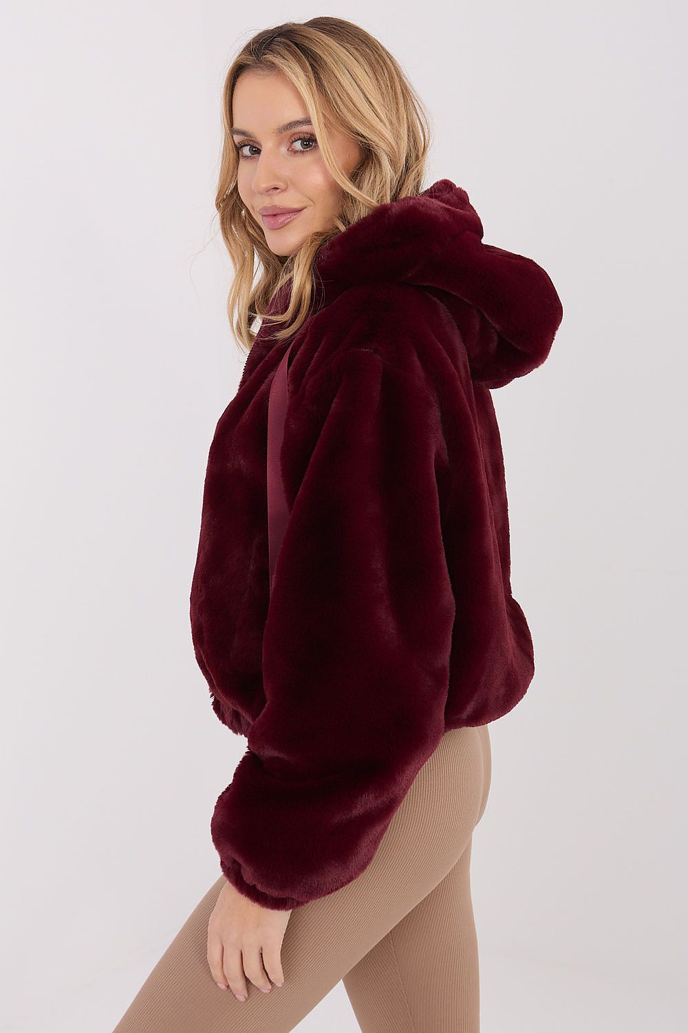Women's Hooded Faux Fur Bomber Jacket — Red