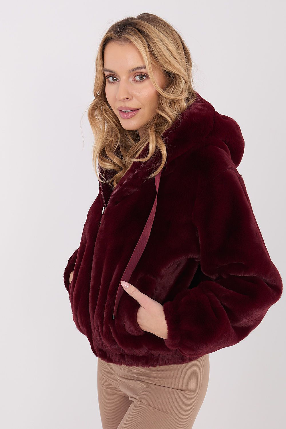Women's Hooded Faux Fur Bomber Jacket — Red