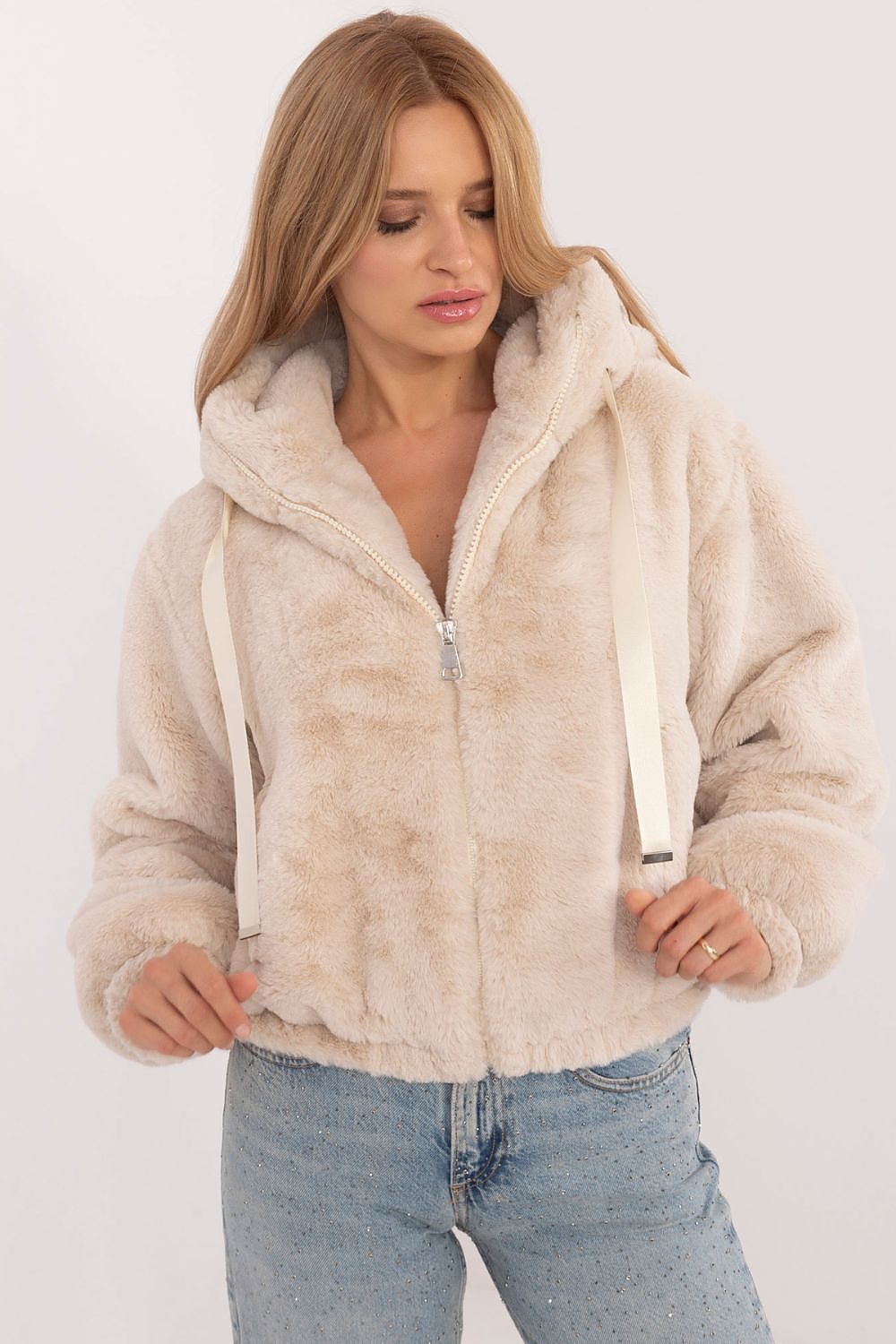 Women's Hooded Faux Fur Bomber Jacket — Red