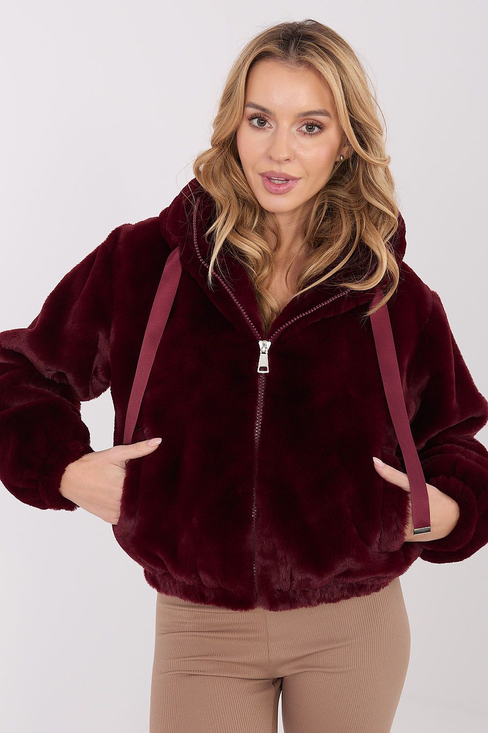 Women's Hooded Faux Fur Bomber Jacket — Red