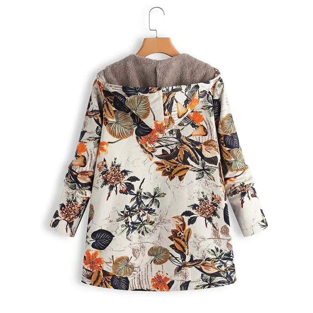 Women's Hooded Floral Overcoat Loose Fit Style