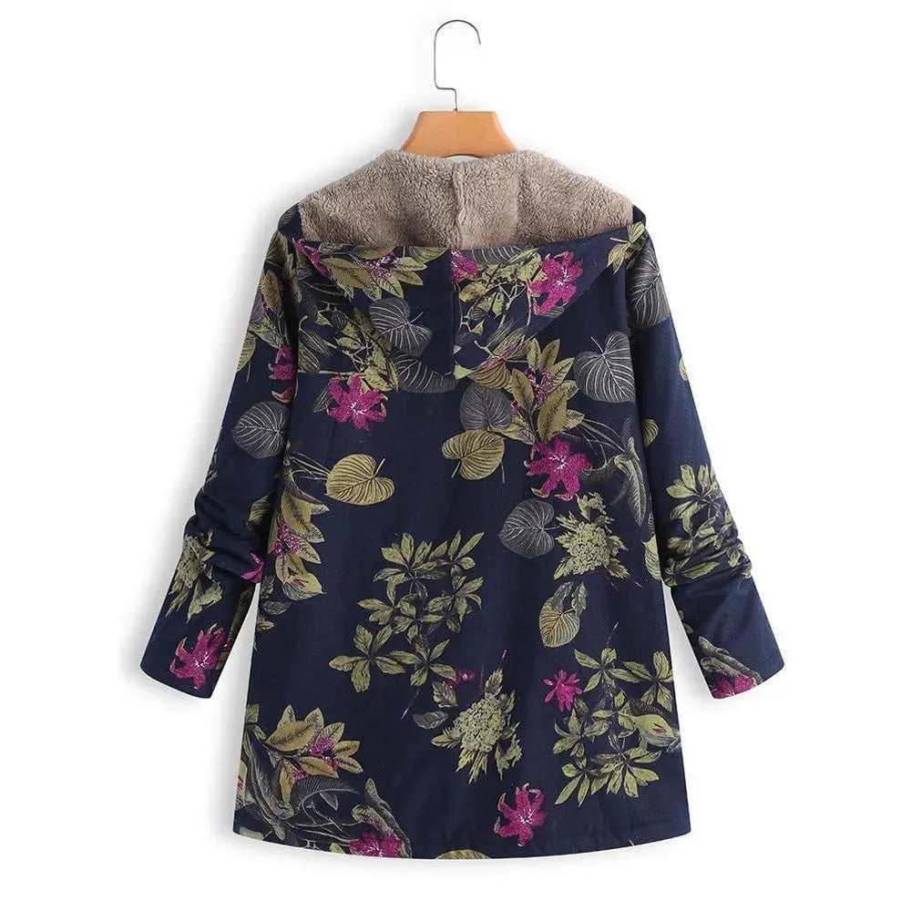 Women's Hooded Floral Overcoat Loose Fit Style