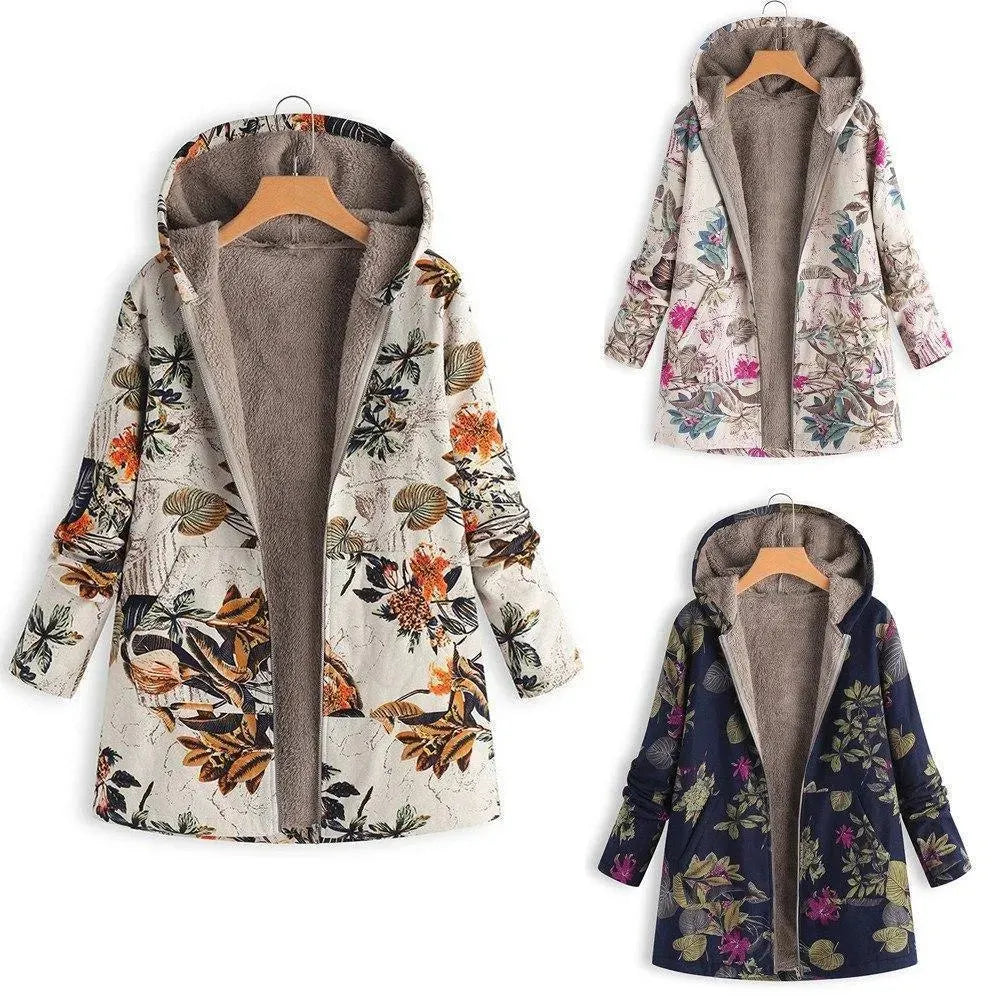 Women's Hooded Floral Overcoat Loose Fit Style