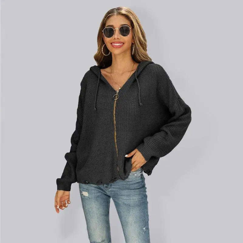 Women’s Hooded Full-Zip Cardigan Sweater – All-Season Acrylic Knit
