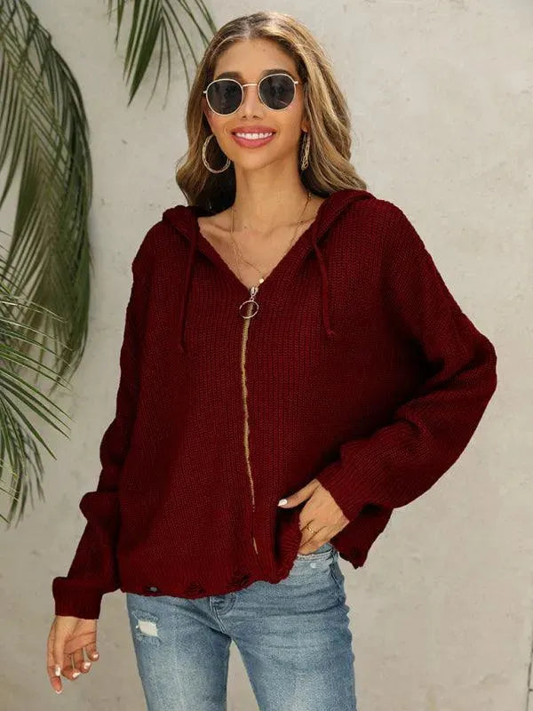 Women’s Hooded Full-Zip Cardigan Sweater – All-Season Acrylic Knit