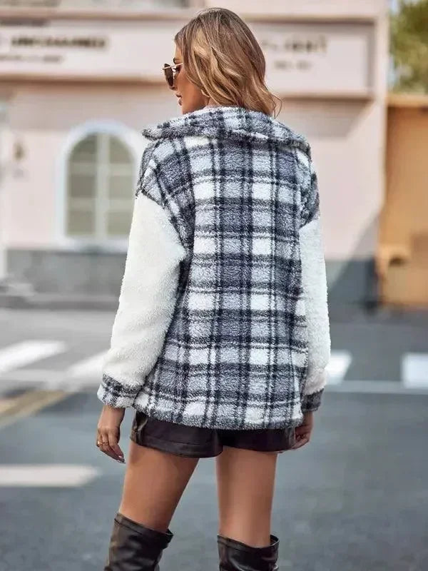 Women's Hooded Plaid Coat Loose Fit Style