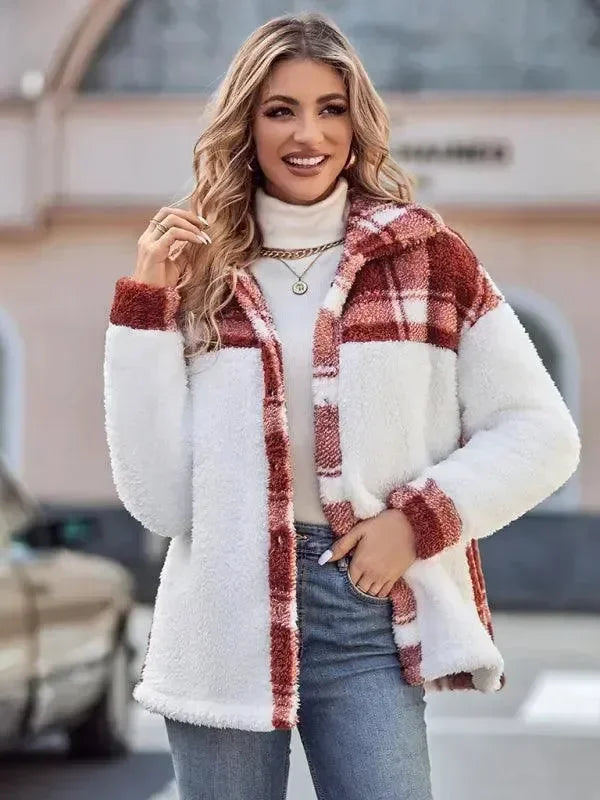 Women's Hooded Plaid Coat Loose Fit Style