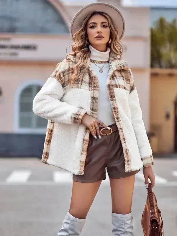 Women's Hooded Plaid Coat Loose Fit Style
