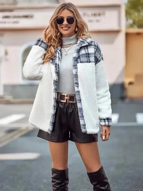Women's Hooded Plaid Coat Loose Fit Style