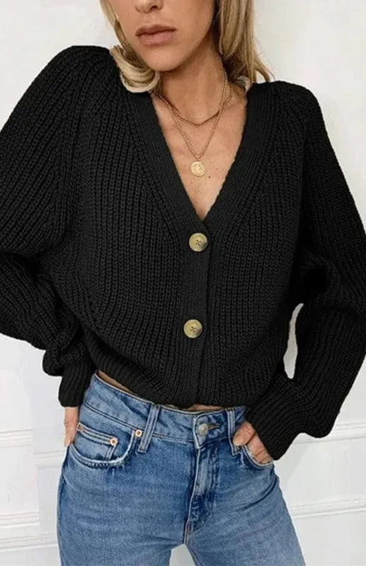 Women’s Lantern Sleeve V-Neck Cardigan Sweater – Button Knit