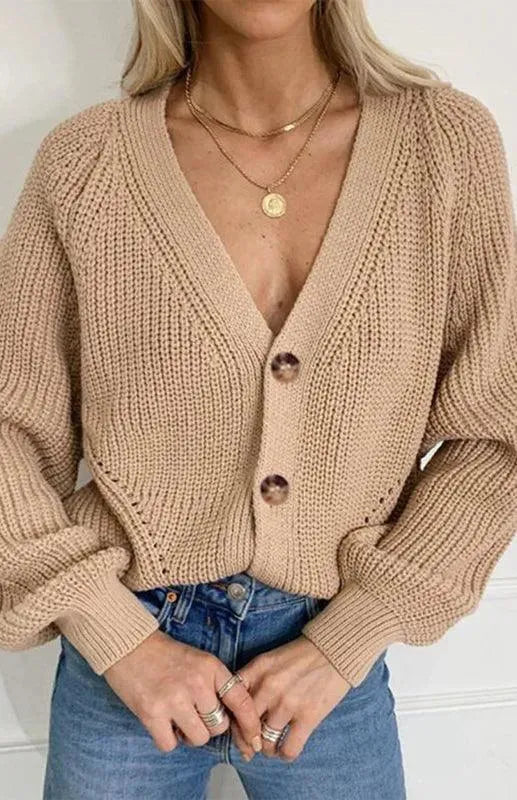 Women’s Lantern Sleeve V-Neck Cardigan Sweater – Button Knit