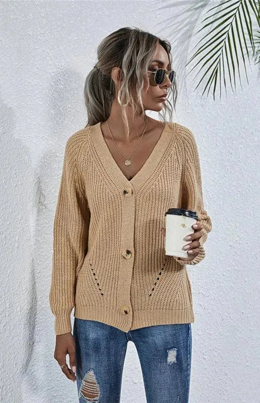 Women’s Lantern Sleeve V-Neck Cardigan Sweater – Button Knit