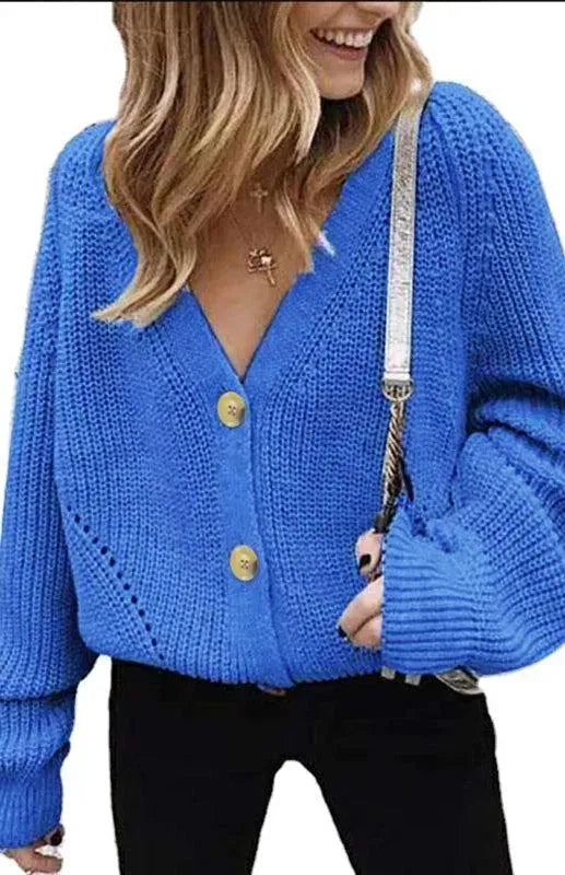 Women’s Lantern Sleeve V-Neck Cardigan Sweater – Button Knit