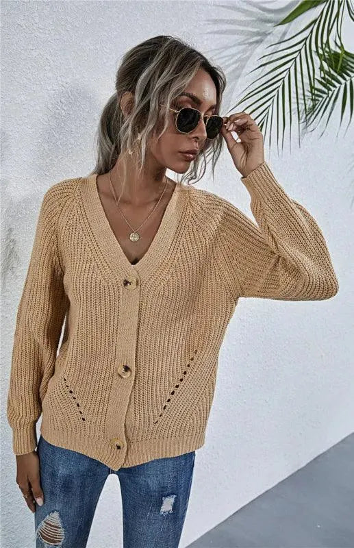 Women’s Lantern Sleeve V-Neck Cardigan Sweater – Button Knit