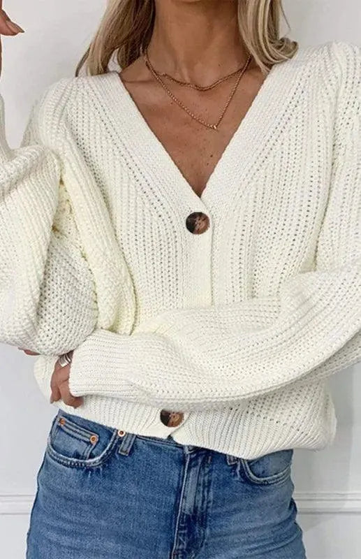 Women’s Lantern Sleeve V-Neck Cardigan Sweater – Button Knit