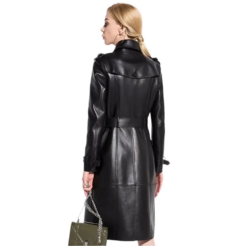 Women's Leather Trench Coat Longline Elegant Style