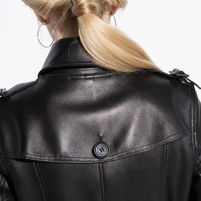 Women's Leather Trench Coat Longline Elegant Style
