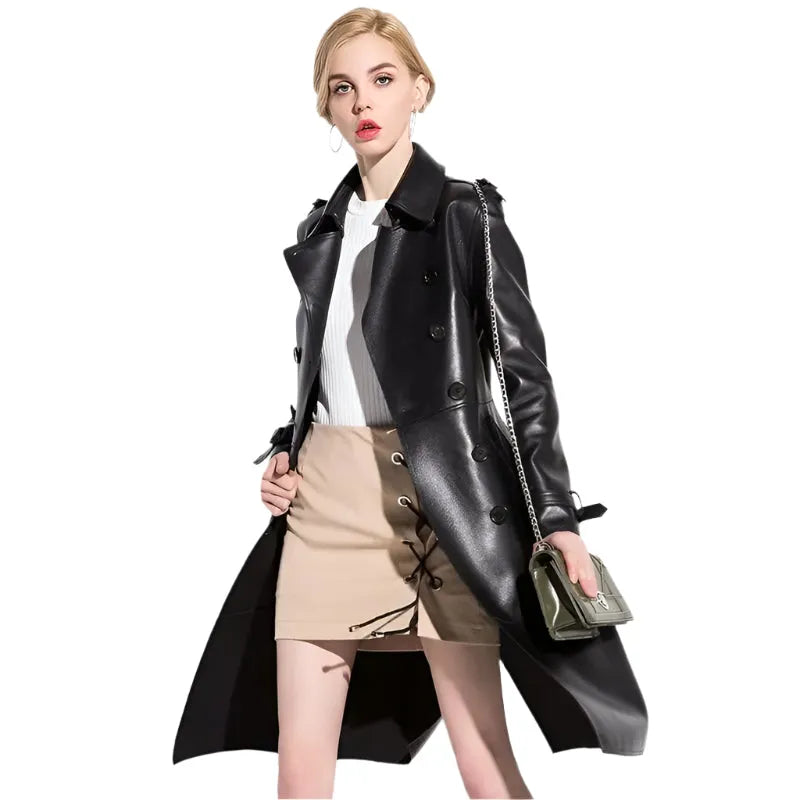 Women's Leather Trench Coat Longline Elegant Style