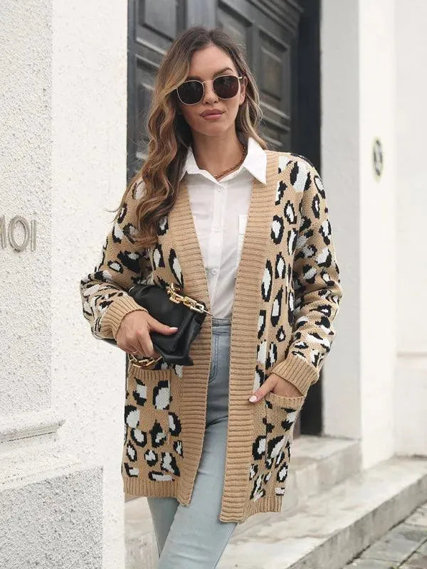 Women’s Leopard Jacquard Cardigan Sweater – Longline Fall/Winter Knit