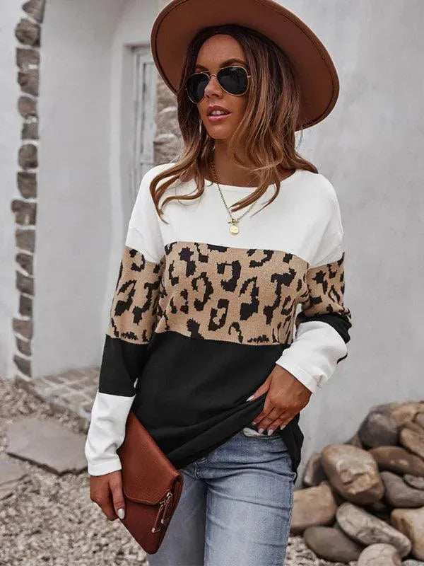 Women’s Leopard Print Crew-Neck Pullover Sweater