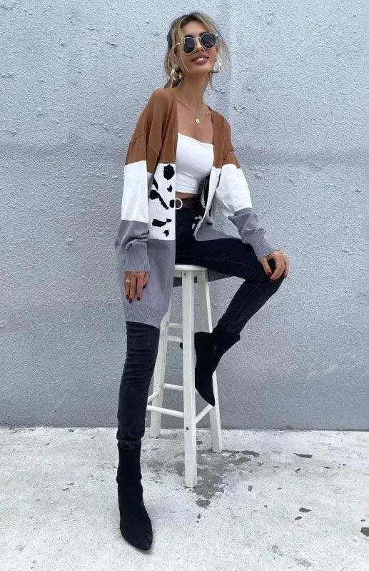 Women’s Leopard Print Longline Cardigan Sweater – V-Neck Knit